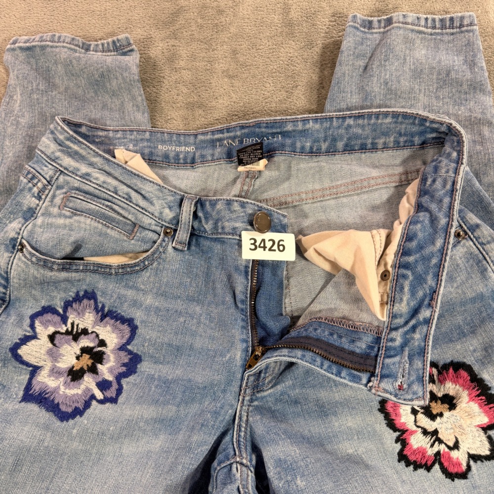 Lane Bryant Boyfriend Jeans Womens 14‎ Blue Floral Embroidered Acid Wash Denim